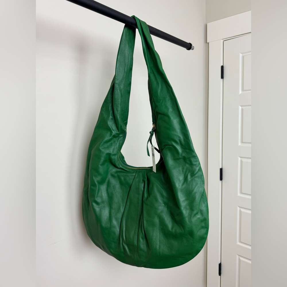 Anthropologie / Emerald green leather large sling shoulder bag
